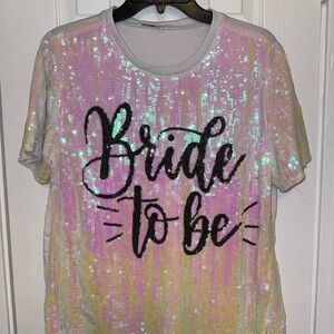 Sparkling Bride To Be Sequin Tee - Iridescent Pink and White